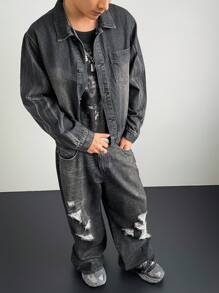 Manfinity EMRG Men's Black Distressed Denim Loose Street Style Jacket And Wide Leg Pants Set - Black - View 3