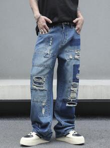 Manfinity Roghcode Jeans de pierna recta desgastados casuales holgados para hombre - Lavado ligero - Ver 3