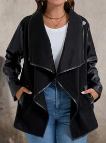 SHEIN LUNE Plus Size Casual PU Patchwork Turn-Down Collar Jacket, Autumn, For Winter - Black - View 7