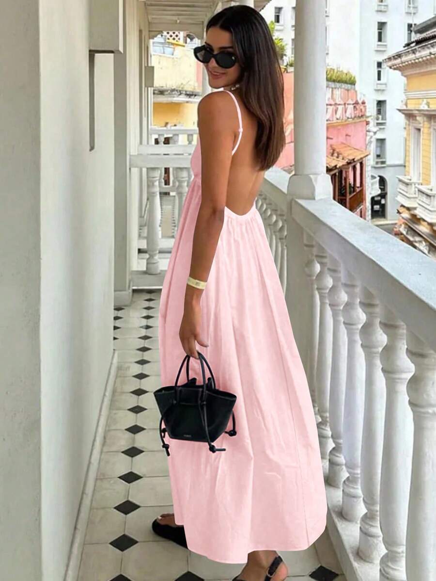 INAWLY Váy hở lưng màu trơn đơn giản hàng ngày dành cho nữ - Màu Hồng baby - Xem 1