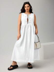 SHEIN Essnce Plus Size Women's Bowknot Waist Sleeveless Basic Fashionable Dress