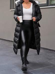 RueChic Plus Fuzzy Trim Hooded Zipper Puffer Coat - Black - View 7