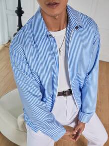 Manfinity Hypemode Chaqueta con cremallera de manga larga a rayas azules y blancas para hombre, para primavera/otoño