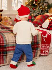 SHEIN Conjunto de 2 peças: Suéter de Moletom com Gola Redonda Temática de Natal para Bebê Menino/Menina, Combinado com Calça Denim Casual Bordada, Para Outono/Inverno, Adequado para Festas ao Ar Livre de Natal e Reuniões de Férias - Damasco - Visão 2
