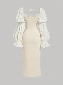 SHEIN MOD 大码米色复古褶饰浪漫女式长裙、派对礼服、返校节秋装 - 杏色 - 查看 2