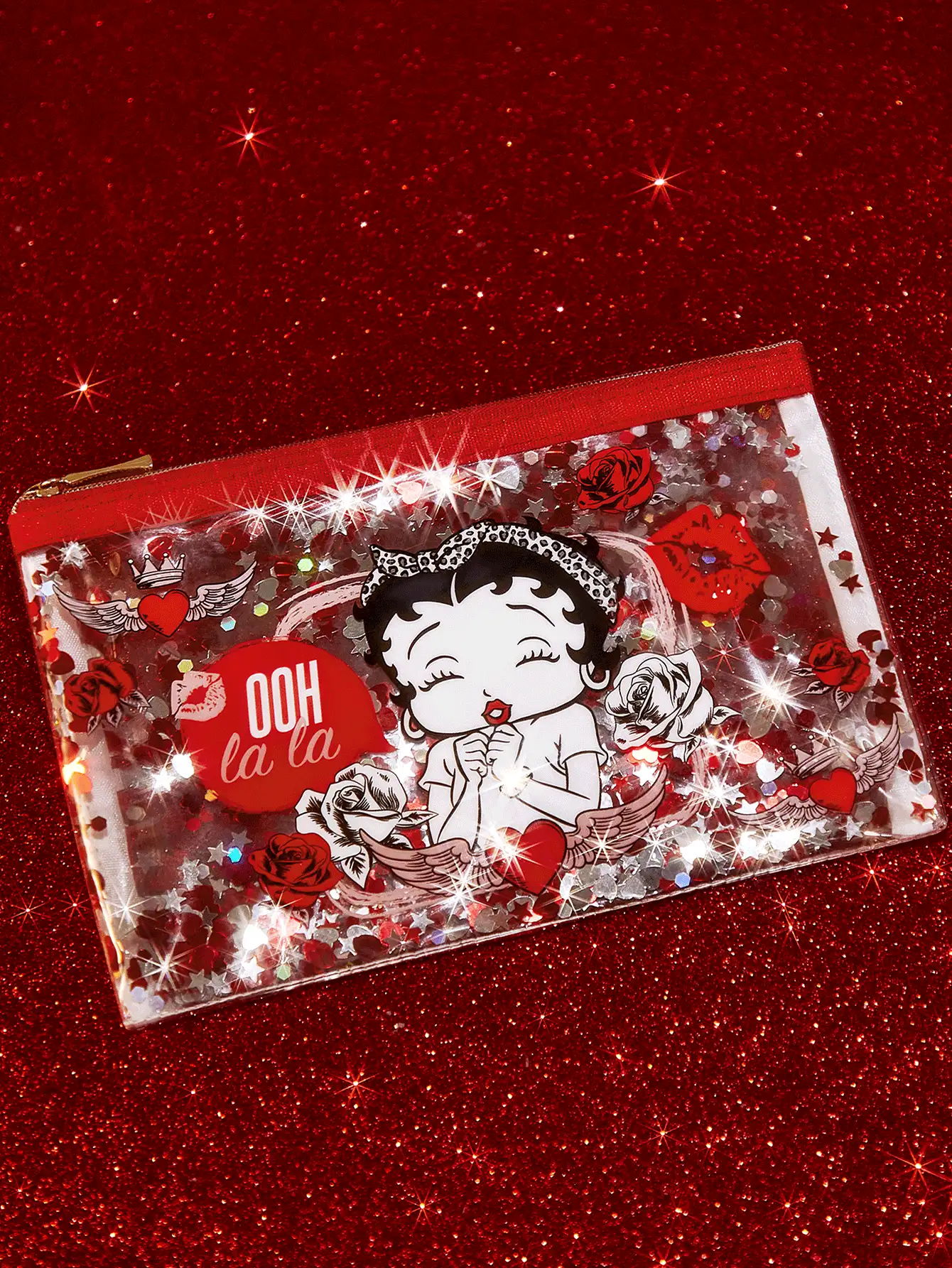Betty Boop x SHEIN Estuche de cosméticos transparente brillante con personajes de dibujos animados y estampado floral de rosas, regalo para el amante