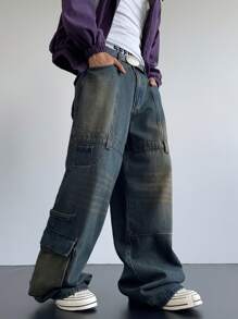 Manfinity EMRG Men's Dark Blue Vintage Washed Multi Pocket Wide Leg Baggy Jeans - Dark Wash - View 4