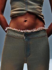 TypaGal Vintage Denim Raw Hem Cotton Straight Leg Jeans For Casual Wear