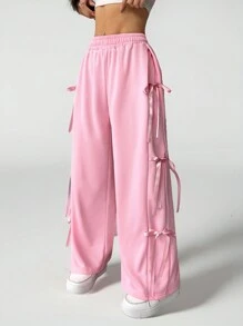 SHEIN PETITE Sweet And Lovely Pink Bow Detail Knot Tie Waist Sweatpants For Spring And Summer - Pink - View 9