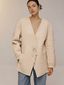 Poéselle Abrigo acolchado con cordones, textura a cuadros sólidos y lazo para mujer. Chaqueta acolchada acolchada de otoño e invierno - Caqui - Ver 1