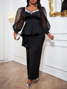 SHEIN Lady Vestido largo de manga abullonada elegante negro tejido para otoño e invierno, vestidos formales de talla grande, vestidos de mujer de otoño, vestido de cóctel negro de manga larga, vestido largo, ropa de Halloween - Negro - Ver 1