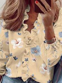 SHEIN LUNE 女士花卉印花 V 领荷叶边长袖衬衫 - 杏色 - 查看 6