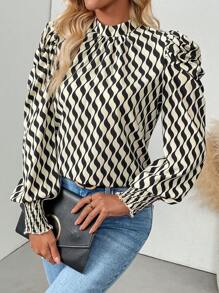 SHEIN Clasi Women's Rule Print Long Sleeve Ruched Shirt
