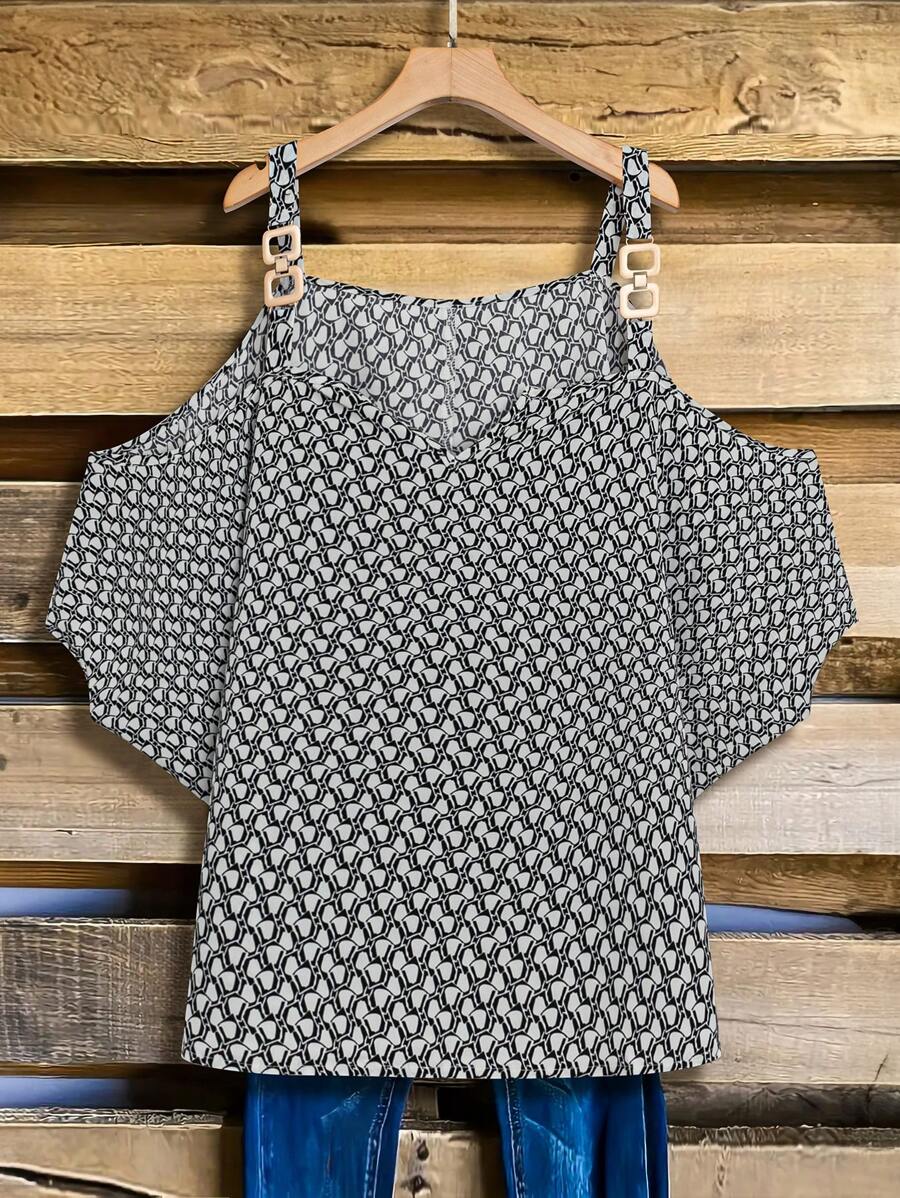 Plus Size Women Summer Geometric Print Off Shoulder Loose Short Sleeve Blouse - White - View 1