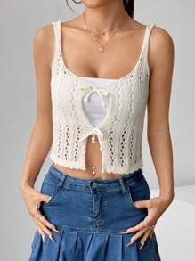 Flirla Áo len chui đầu cổ tròn thắt nút xẻ bên cho nữ màu trơn - Màu be - Xem 1