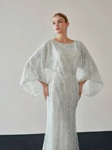 MOTF PREMIUM SEQUIN EMBROIDERY PLANTS PATTERN BELL SLEEVE MERMAID HEM LONG DRESS WITHOUT BELT - Multicolor - View 8