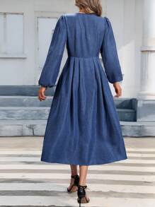 SHEIN Clasi 女式春夏休闲牛仔效果灯笼袖前纽扣连衣裙 - 藍色 - 查看 2