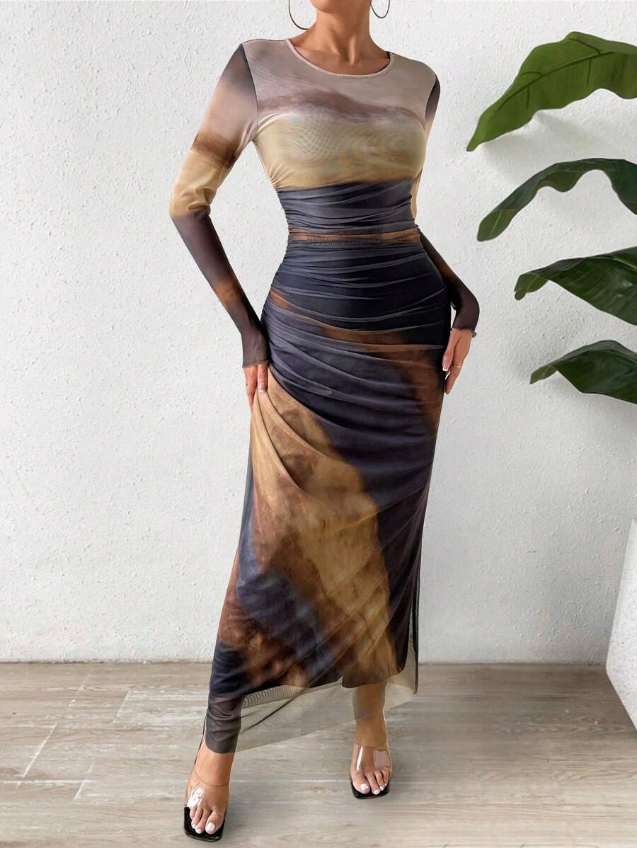 Chiquease 女士夏季彩虹染色修身長袖連衣裙，帶有褶皺細節 - 深灰色 - 查看 1