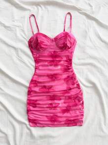 Soleia 女士度假淡粉色网眼花卉印花褶皱吊带迷你连衣裙，秋季分层风格