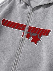 Flirla Women's Spring/Autumn Letter & Star Print Zip-Up Hooded Sweatshirt