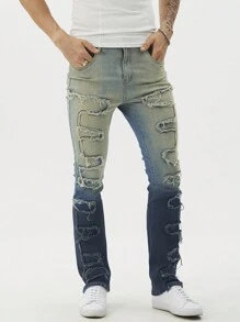 Manfinity Homme 男式休闲水洗渐变做旧修身牛仔裤 - 淺色水洗藍 - 查看 5