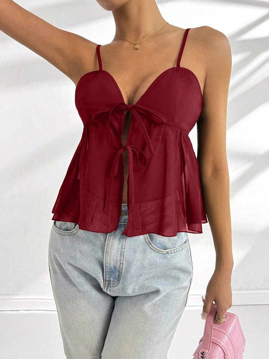 Chiquease Chiffon Sleeveless V-Neck Drawstring Fitted Tank Top - Burgundy - View 1