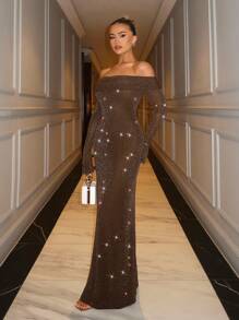 SHEIN BAE Women's Off Shoulder Rhinestoned Extra-Long Dress - Brown - View 3