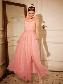 SHEIN Hochwertiges Cocktail-Kleid für Teenager Mädchen mit einem Schulter und Schlitz, geeignet für Blumenmädchen, Hochzeit, Party, Aufführung, passend für Weihnachten, Halloween, Erntedankfest - Pink - Übersicht 1