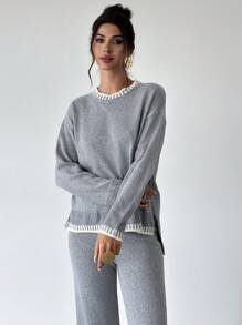 Firerie 2pcs Women's Contrast Trim Loose Pullover Sweater + Pants Casual Homewear Set, Fall And Winter, Casual, Longsleeve