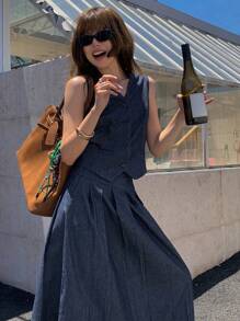 DAZY 女式纯色无袖修身 V 领背心和褶皱长裙牛仔套装，秋季服装 - 深色水洗藍 - 查看 7