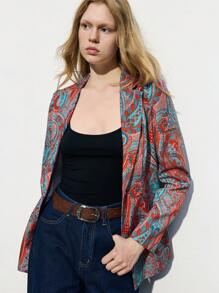 Maija 女式红色花卉印花翻领垫肩长袖前口袋时尚百搭度假风格西装外套，早春