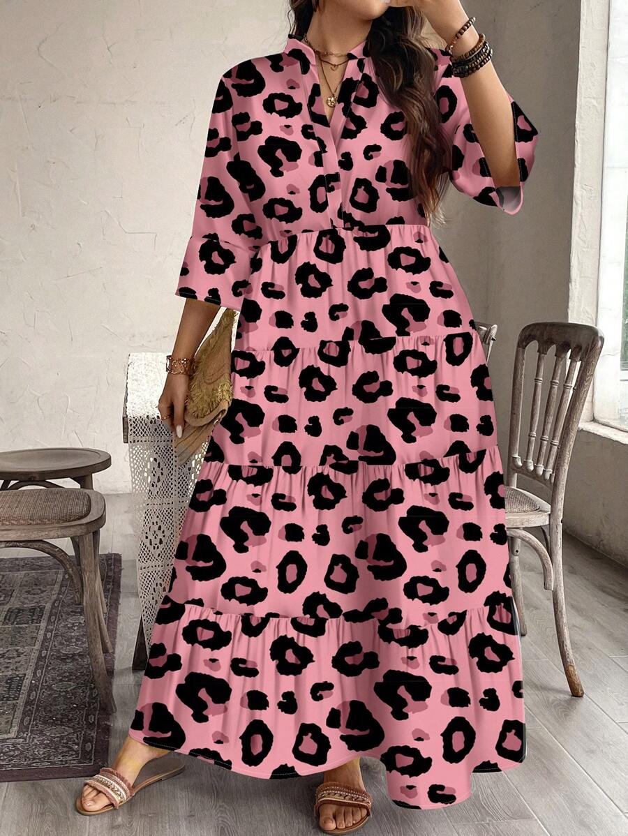 SHEIN LUNE 1 pieza Vestido rosa con estampado de leopardo de manga larga con cuello en V y fruncido, adecuado para otoño - Rosa - Ver 1