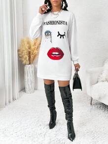 SHEIN Lady Portrait Lips Eyes Pattern 
Long Sleeve Sweatshirt White Hoodie  Women Sweatshirts Spring And Summer Casual Elegant Work