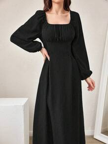 Modelyn 女士春夏纯色褶皱灯笼袖连衣裙超长女士装长款晚礼服 - 黑色 - 查看 6