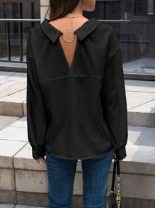 EMERY ROSE Solid Drop Shoulder O-Ring Back Shirt,Long Sleeve Tops Fall Cloth For Women - Black - View 6