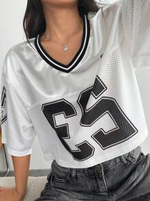 SHEIN EZwear V 领网状字母与数字印花宽松短款上衣 - 白色 - 查看 4