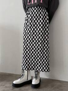 FRIFUL 女士格子直筒裙，铅笔裙，返校服装 - 黑與白 - 查看 1
