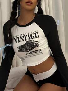 SHEIN EZwear 复古赛车单色拼布短款圆领长袖修身女式 T 恤，春秋 - 黑與白 - 查看 4