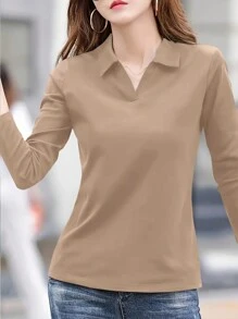 INAWLY Women's Solid Color Simple Casual Long Sleeve T-Shirt Fall Cloth For Women - Khaki - View 5