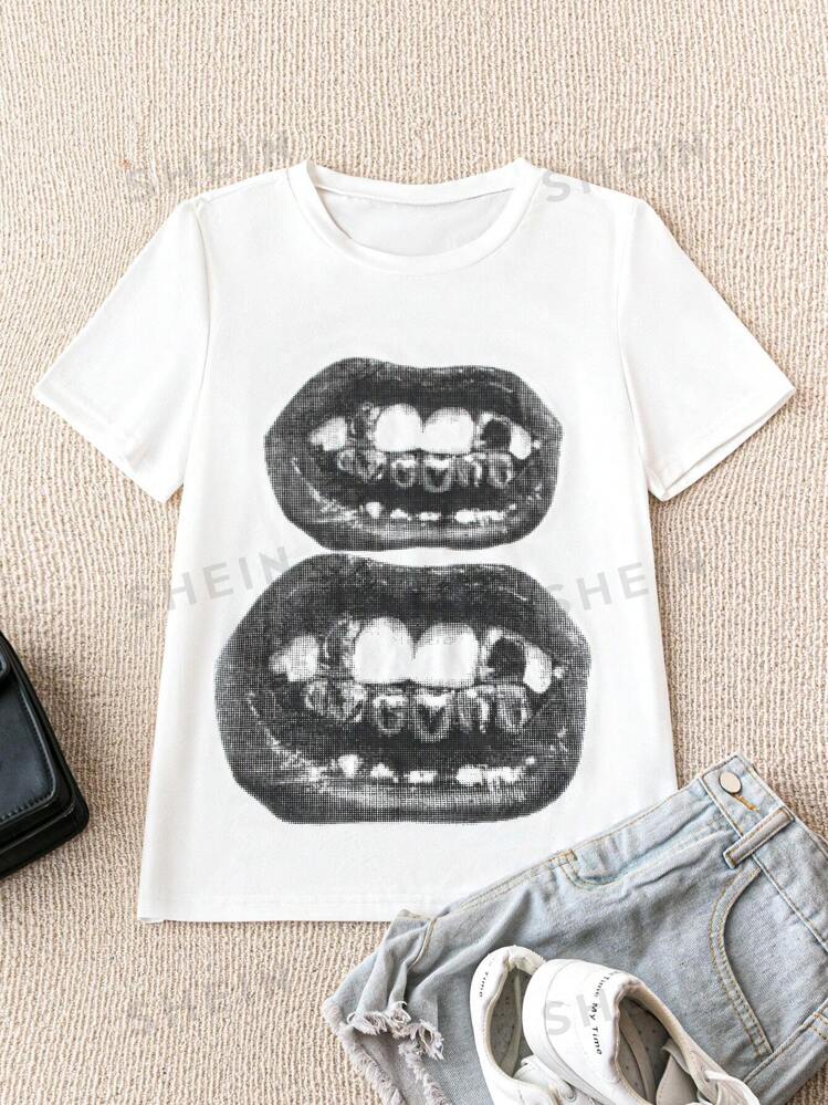 SHEIN PETITE Women s Casual Round Neck Short Sleeve Printed T Shirt Summer Graphic Tee Graphic Tees Women Tops