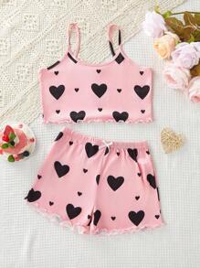 SHEIN Conjunto de pijama con camiseta de tirantes con gráfico de corazón y pantalones cortos para niñas preadolescentes