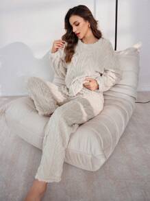 Lazeform Women's Solid Color Jacquard Velour Crew Neck Long Sleeve Pajama Set