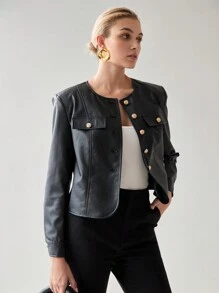 MOTF PREMIUM PU LEDEREN KLEP DETAIL ENKELE BREISTAS PLACKET JAS