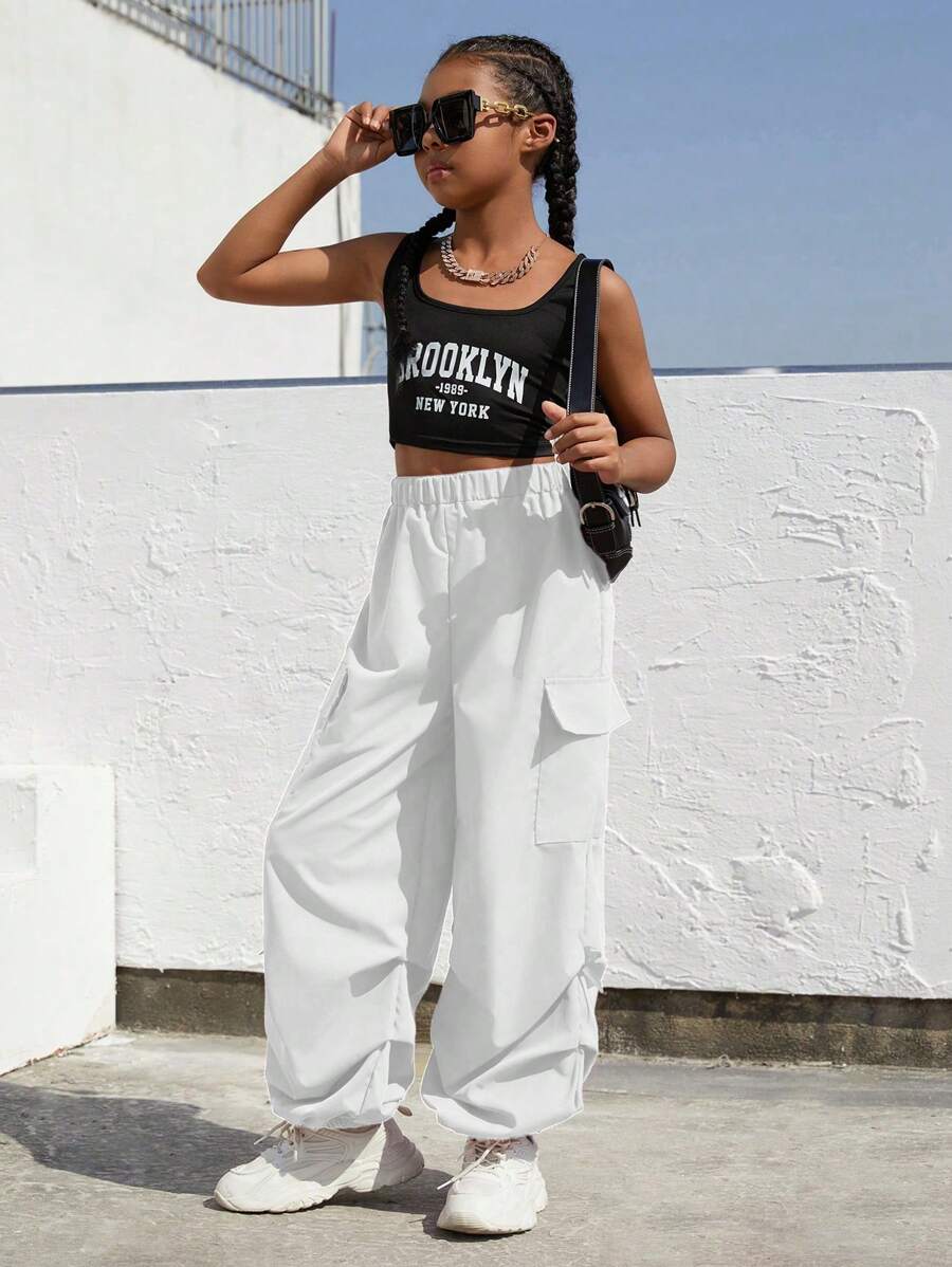 SHEIN Explorewe Spodnie casualowe dla dziewcząt w jednolitym kolorze z elastyczną talią i kieszeniami - Biały - Zobacz 1