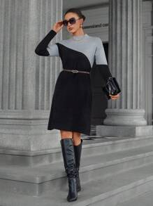 GENKIRA Elegant Commuter Elegant Color Block Half-High Collar Metal Buckle Belt Long Sleeve Midi Sweater Dress - Multicolor - View 5