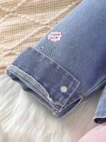 SHEIN Bộ 2 chiếc/Bộ áo khoác denim thường ngày cho bé gái mới biết đi có họa tiết nhuộm loang và váy lưới màu hồng, thích hợp cho tiệc tùng và tụ tập vào mùa thu - Màu xanh lam - Xem 3