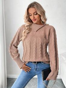 SHEIN Clasi Women's Long Sleeve Cable Knit Sweater, Knit Pullover Fall Winter - Apricot - View 7