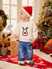 SHEIN Conjunto de 2 peças: Suéter de Moletom com Gola Redonda Temática de Natal para Bebê Menino/Menina, Combinado com Calça Denim Casual Bordada, Para Outono/Inverno, Adequado para Festas ao Ar Livre de Natal e Reuniões de Férias - Damasco - Visão 4