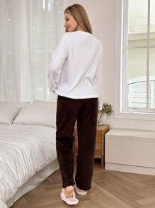 Dream Adore 猫咪图案长袖上衣和纯色蓬松睡裤，女士睡衣套装，秋冬服装