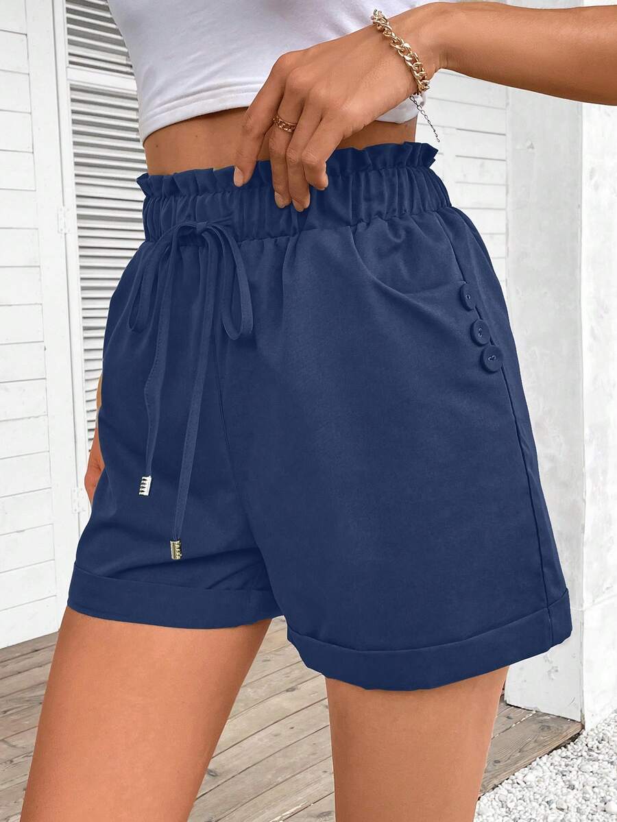 SHEIN LUNE 女式纯色简约日常荷叶边下摆短裤 - 藏蓝色 - 查看 1